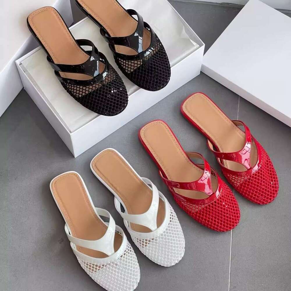 Women Supplies Spring New Fishnet Hollow Out Breathable Flip Flop Sandals With Closed Toe And Flat Sole