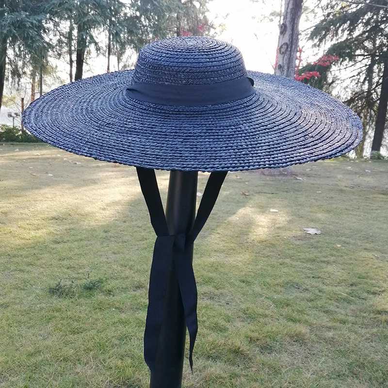 Black Wide Brim Flat Top Ribbon Straw Hat Summer Hats for Women Girl Boater Beach Cap with Chin Strap Outdoor Vacation Sun Hat H260317 - view 3