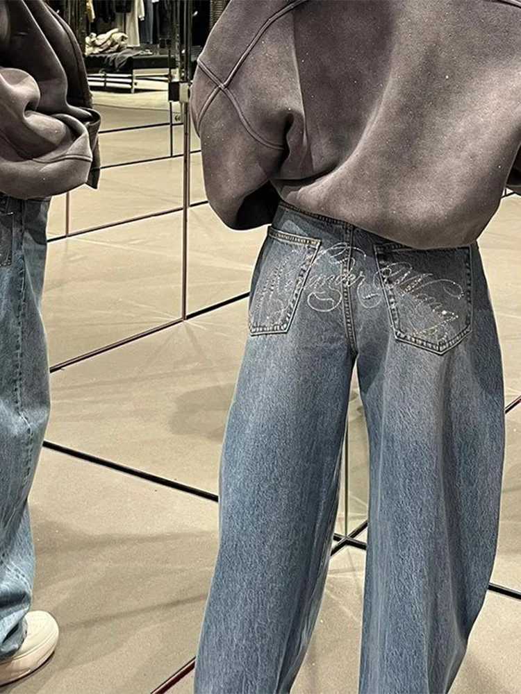 American Rhinestone Letter Denim Jeans Women Blue Vintage Straight Wide Leg Pants Chic High Waist Casual Harajuku Y2K TrousersT260317