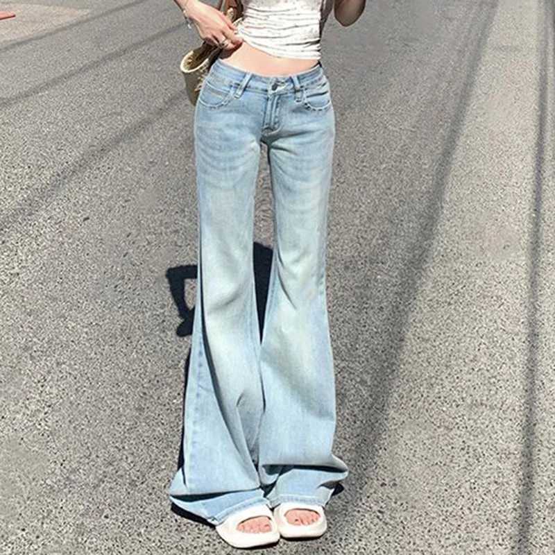 Female Streetwear Retro Low Waist Jeans Lady Fashion Thin Bell Bottom Pants Women Korean Loose Fit Denim Trousers M260317