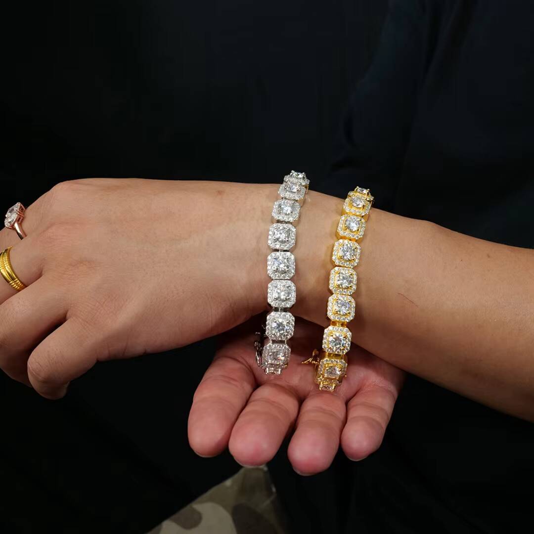 Hip Hop Moissanite Clustered Tennis Bracelet Yellow / White Gold Plated Square Clustered Cuban Chain Bracelet Bangle 925 Silver