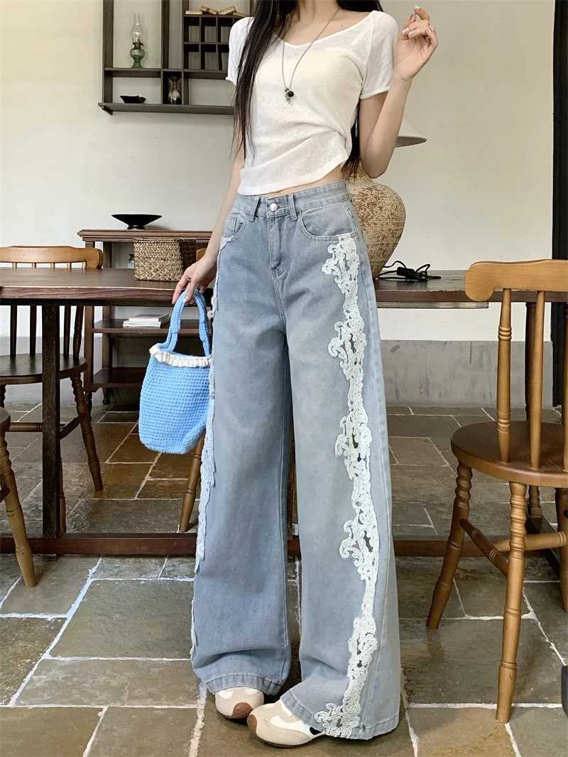High Waist Wide Leg Jeans Womens Faion Lace Patchwork Straight Cut Denim Pants Retro Sle Four Seasons Pure ColorT260317