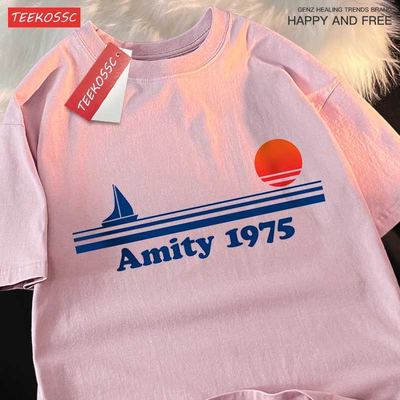 Amity 1975 The Sailboat Of Hope Mens Street Clothing Breathable Oversized T-Shirts Brand Tops Cotton Casual T Shirt Couple M260317