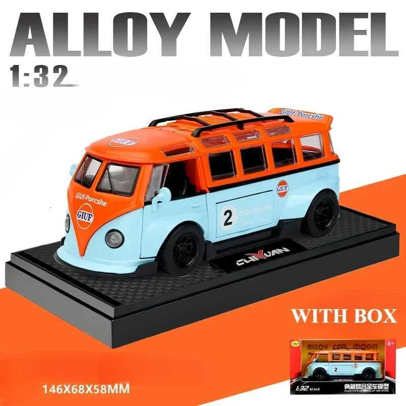 132 T1 Bus Model Sound Light Children Boy Diecast Toy Vehicle Collective Home Decor Metal Miniature Voiture Y260316
