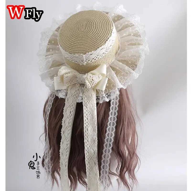 Harajuku Women Girls Straw Hats Beach Sun Hat Sweet Lolita Kawaii Princess ribbon Floral Lace Bow Straw Hat Female Handmade H260317 - view 3