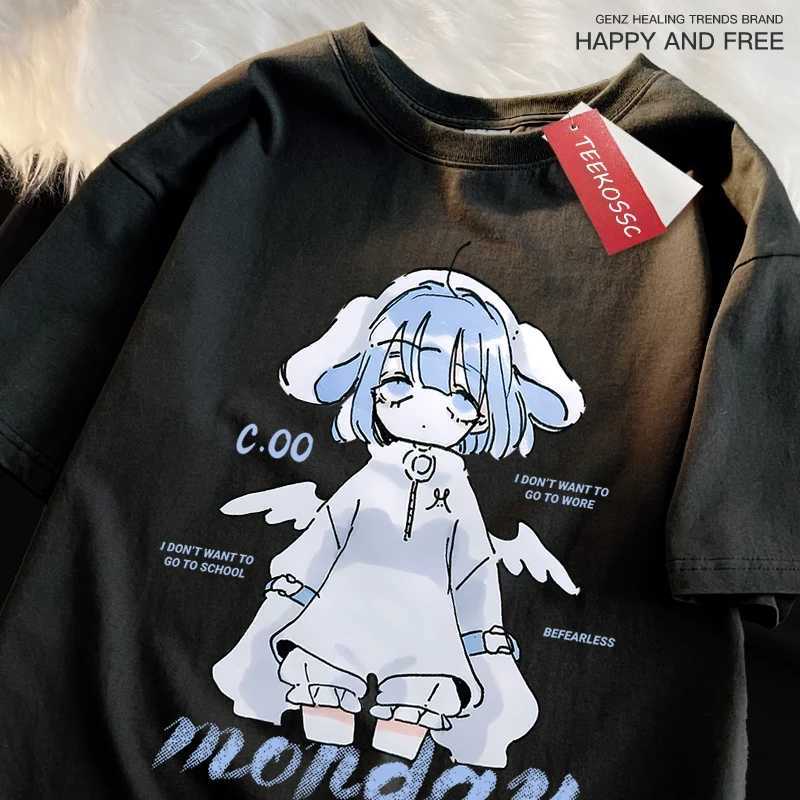 Monday Blue Cartoon Girl Print Japanese Style Male Tshirt Summer Loose Cotton T Shirt Street Tee Clothes Oversize Casual Tops M260317