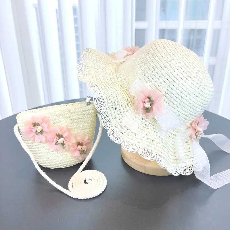 Girls 2pcs Straw Hat Solid Color Outdoor Travel Sun Hat Floral Fisherman Style Childrens Fashion Accessory for Girls H2603171 - view 3