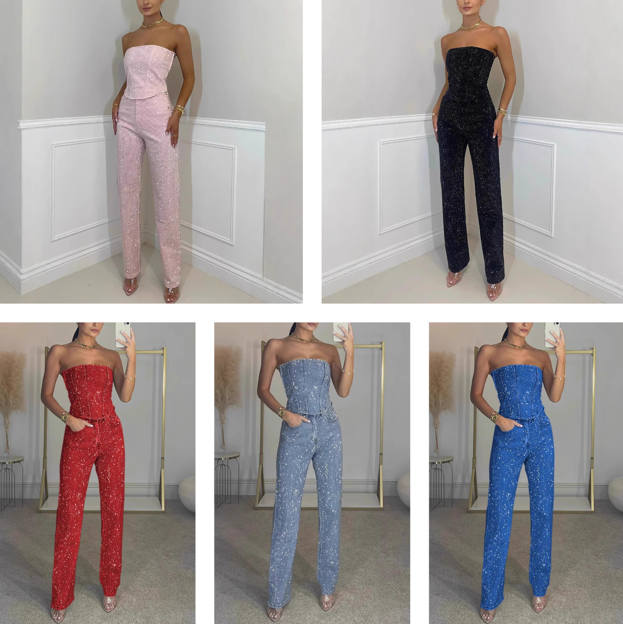 Women's Two Piece Pants CPSYMYM Rhinestones Denim Vest Jeans Set Women Sexy Slim Sleeveless Strapless Empire Waist Zipper Pocket Pencil