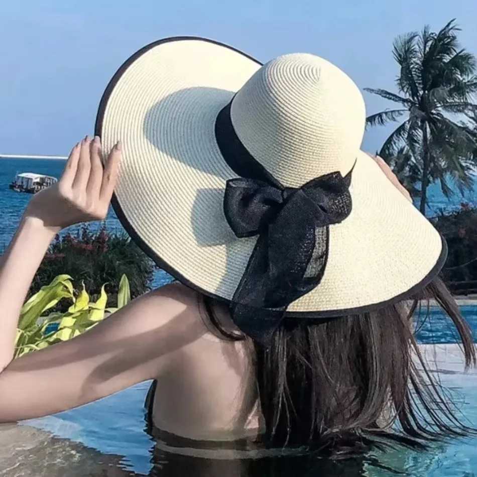 1 Pcs Summer Fashion Sun Hats Beach Flat Panama Lady Casual Wide Brim Straw Hat Cap Black Bow for Women Accessories H260317 - view 6