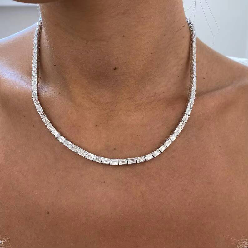 Elegant Trendy 2209ct E VS1 Emerald Cut Lab Grown Diamond Unisex Choker Necklace 14K White Gold Plated Prong Setting IGI