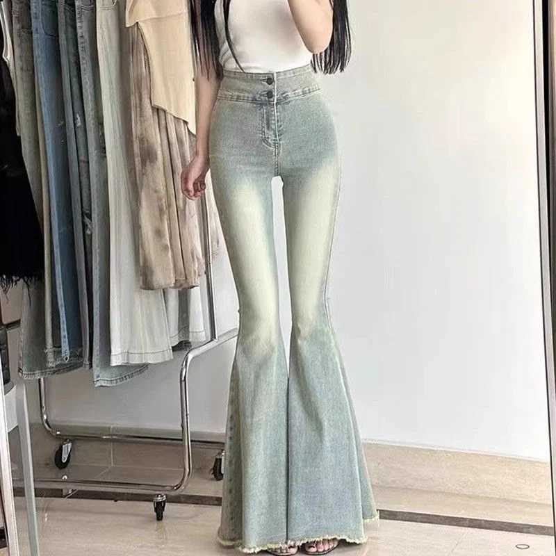 Woman New High Waist Streetwear Slim Fit Flare Jeans Female Y2k Clothes Bell Bottom Pants s Gothic Black Blue Denim Trousers M260317
