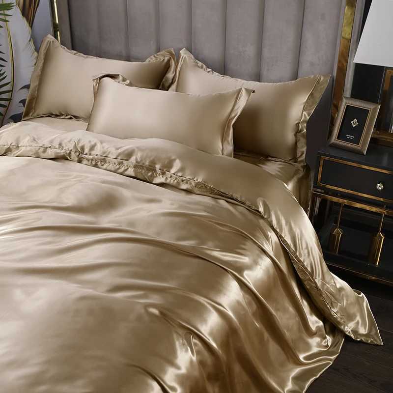 Solid Silk Bedding Set with Bed Sheet Duvet Cover Pillowcase Satin Single Couple Bedsheet King Queen Double Twin Size D260317