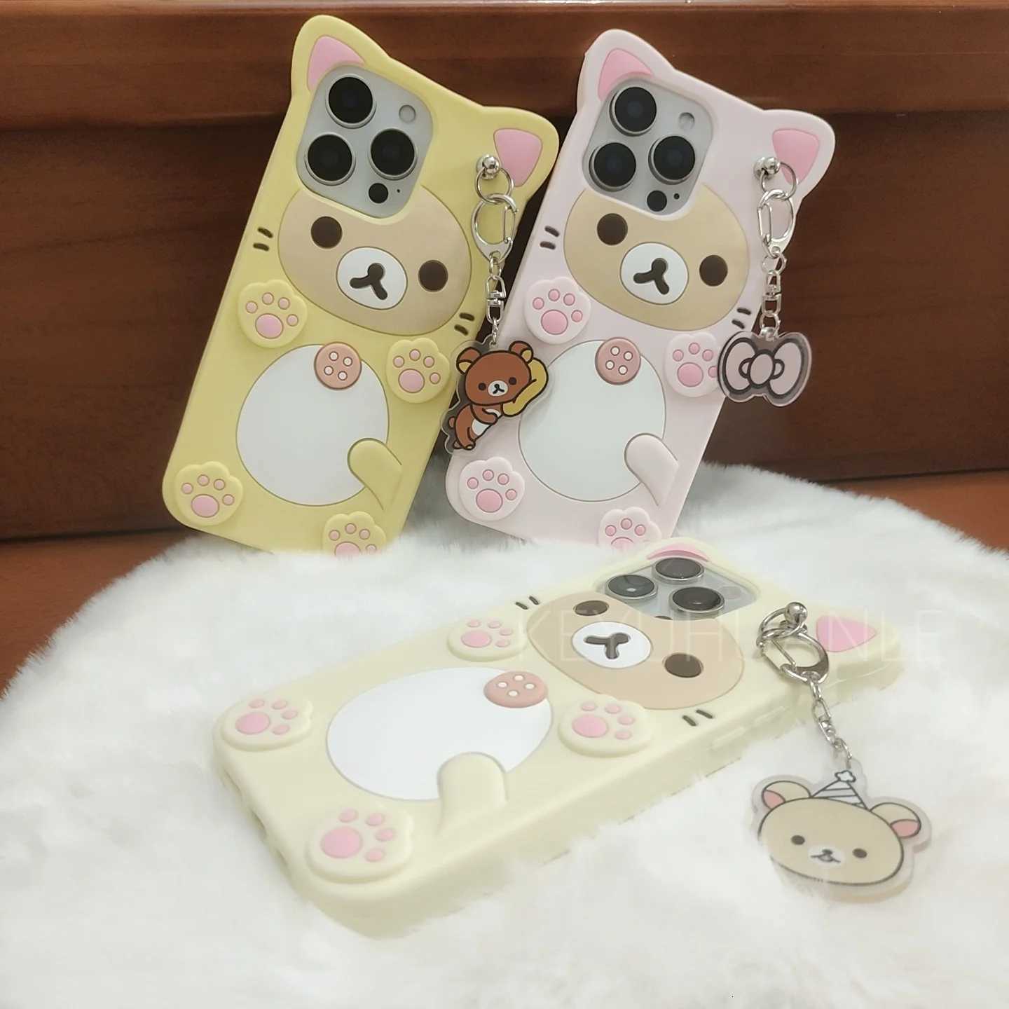 Cute Cartoon 3D Rilakkuma Phone Case For iPhone 17 16 15 14 13 12 11 Pro X XS Max XR 6 7 8 Plus 5 5S SE Key Chain Pendant Cover C260314