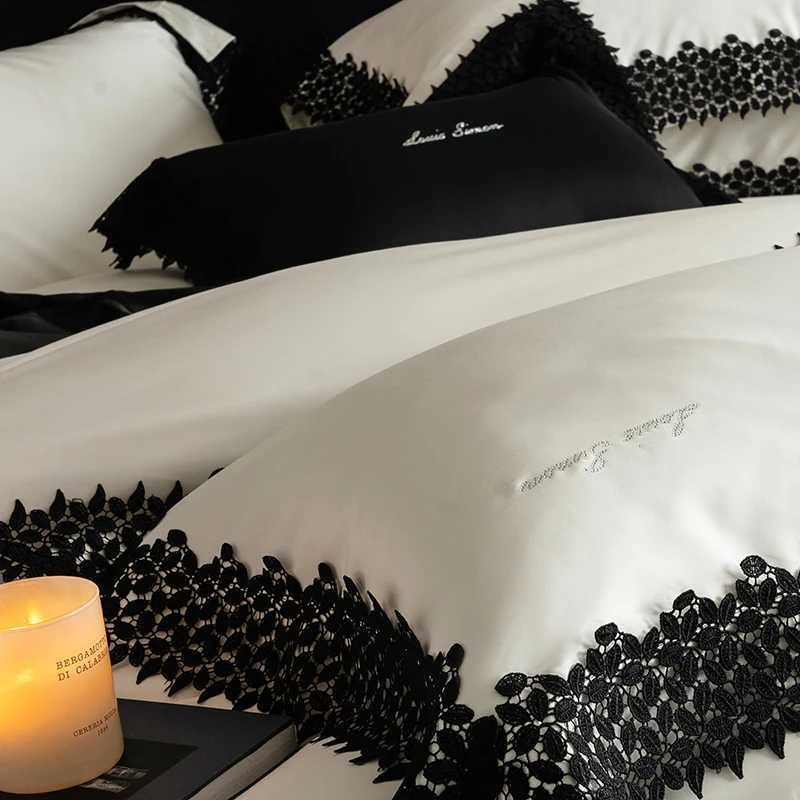 Black Lace Edge Embroidery Bedding Set 1000TC Lyocell Cotton Soft Silky Duvet Cover Set Bed Sheet/Fitted Sheet Pillowcases 4Pcs D260317