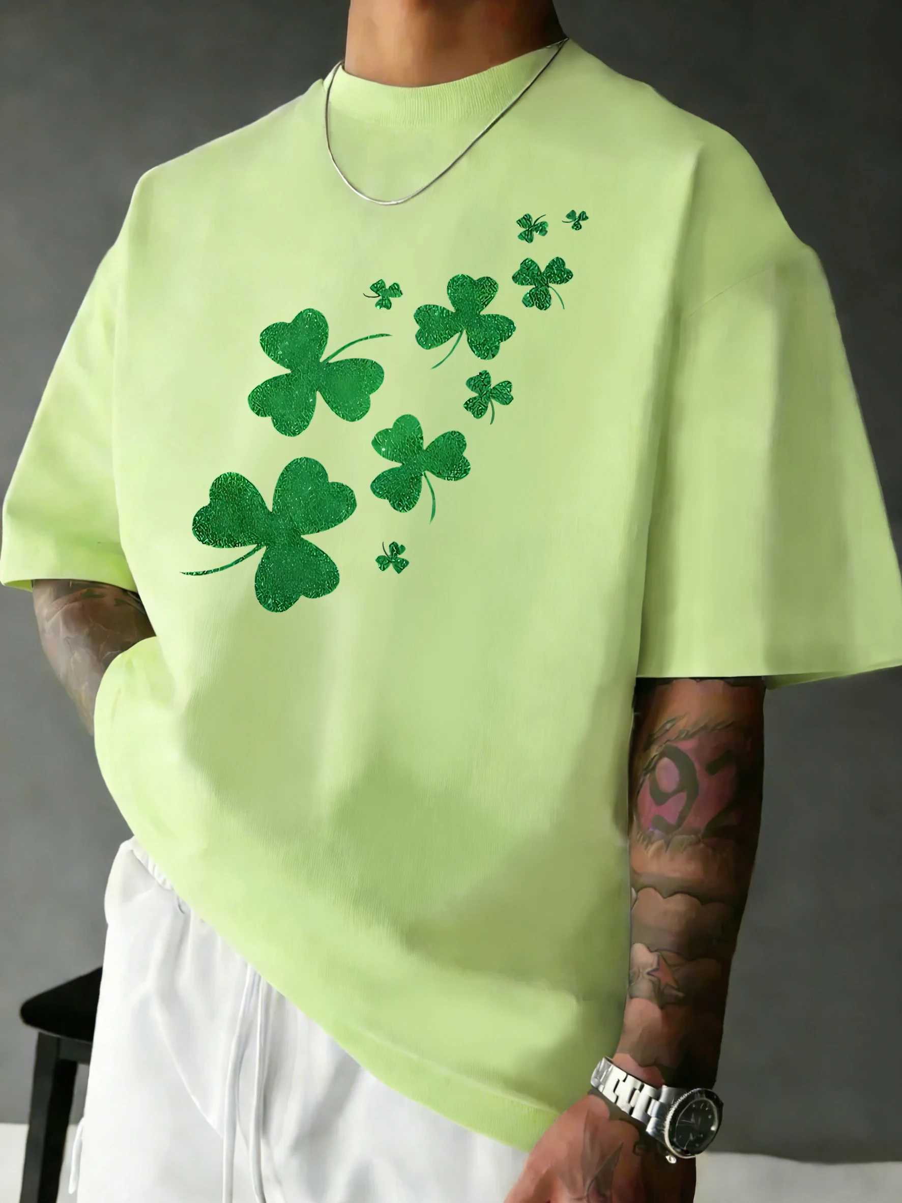 Green Cloversprinting Fashion Basics T-Shirt Man Cotton Crewneck Comfy T Shirts Summer Loose Clothes Commute Sport Short Sleeve M260317