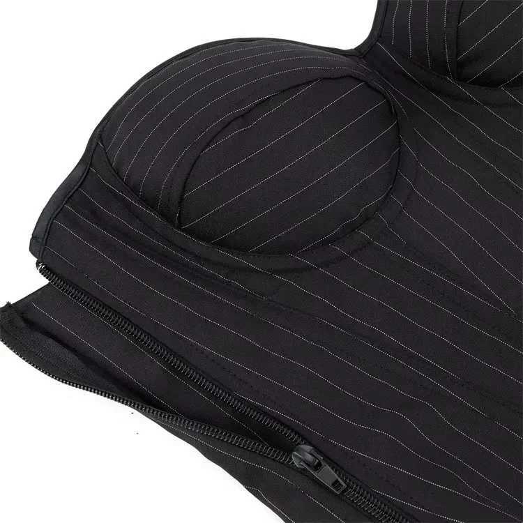 Black Striped Zipper Overbust Corset and Bustier Shapewear Top for Women Office Lady Corselet H260316