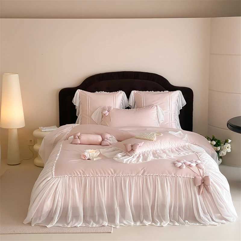 Flowers Bow Lace Ruffles Princess Wedding Bedding Set 1000TC Egyptian Cotton Duvet Cover Flat/Fitted Bed Sheet Pillowcases 4Pcs D260317