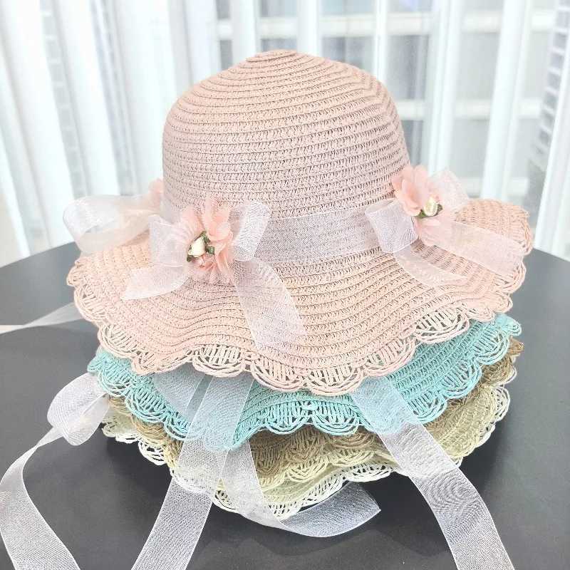 Girls 2pcs Straw Hat Solid Color Outdoor Travel Sun Hat Floral Fisherman Style Childrens Fashion Accessory for Girls H2603171 - view 5