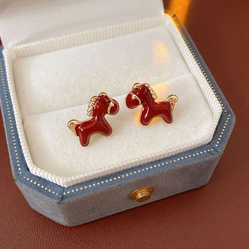 Jewelry Gold Plated Horse Red Enamel Drip Vintage Stud Earrings For Women Dainty Designer Animal Hypoallergenic Elegant Gift