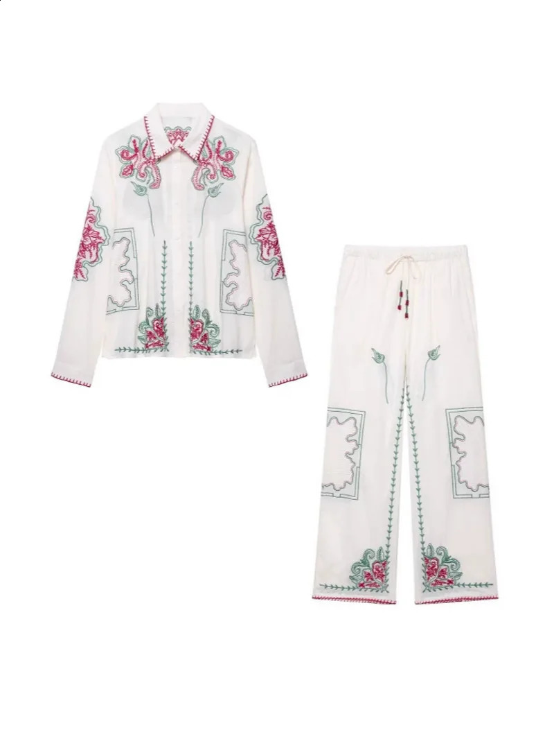 Casual Embroidered Shirt Pant Set Women Loose Lapel Single Breasted Top Elastic Waist Straight Trousers Summer Lady Outfits LM6C 260316
