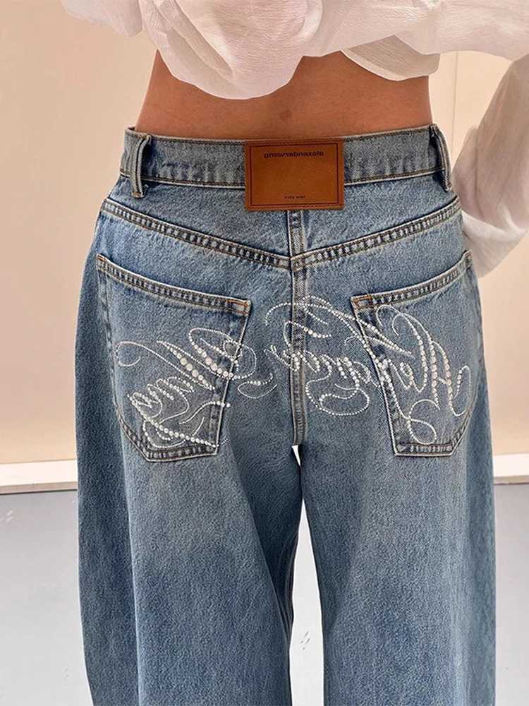 American Rhinestone Letter Denim Jeans Women Blue Vintage Straight Wide Leg Pants Chic High Waist Casual Harajuku Y2K TrousersT260317