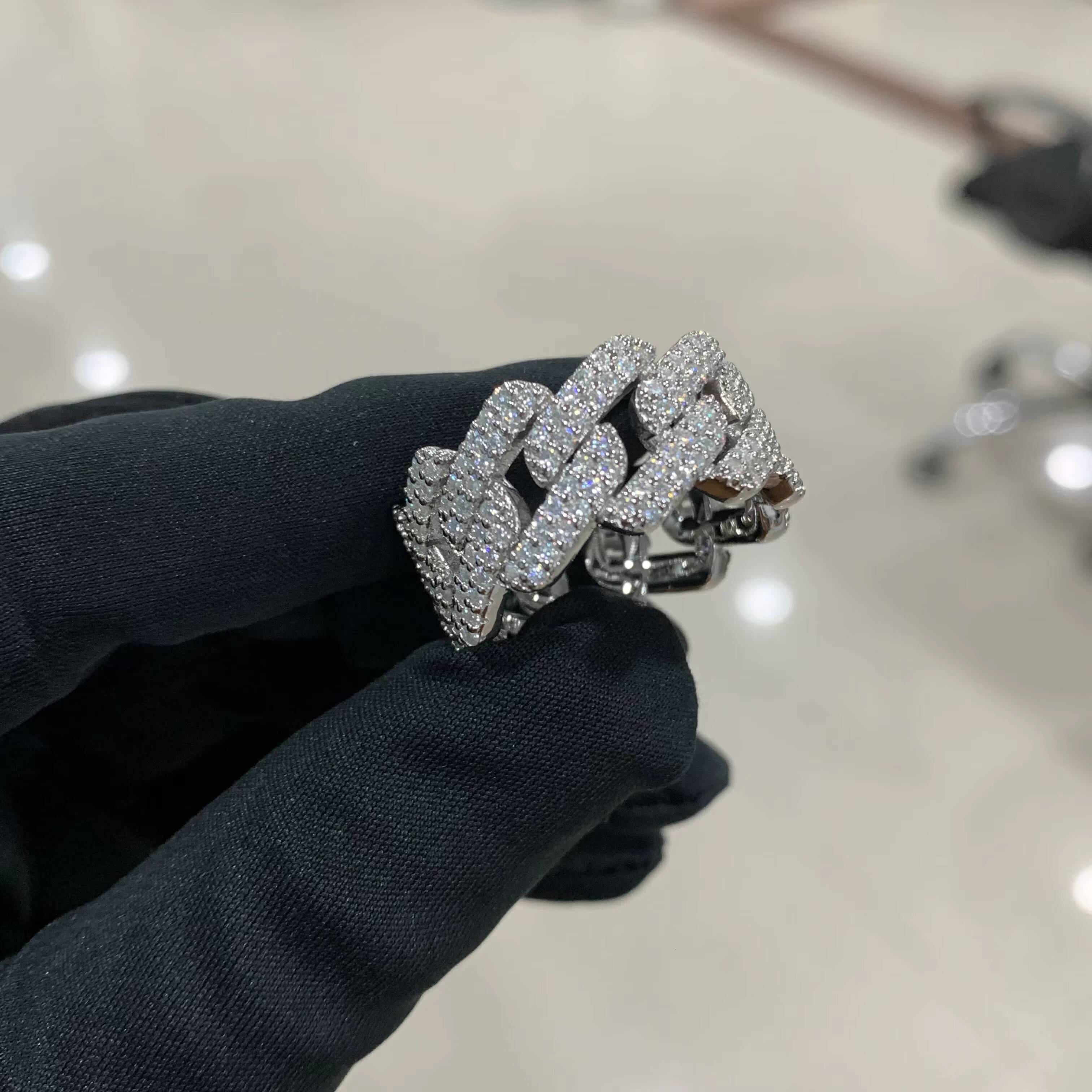Fine Jewelry Iced Out Hip Hop Cuban Link Ring 925 Sterling Silver VVS Moissanite Diamond Finger Band Moissanite Ring for Men