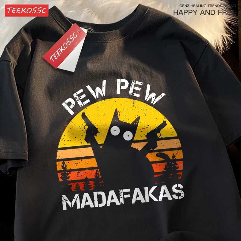 Pew Madafakas Cat With Two Guns T-Shirts Man Street Summer Short Sleeve Harajuku Cotton Tshirt Oversized Breathable Tops M260317