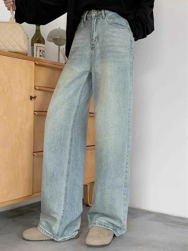 Woman 2024 Spring High Waist Wide Leg Trousers Female Washed Narrow Version Straight Leg Pants Fashion Light Blue Stacked Jeans M260317