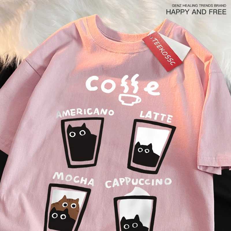 Fun Coffee Cat Japanese Style Men Women T-Shirts Oversize Tshirt Breathable Loose Short Sleeve Tee Clothes Cotton Streetwear M260317