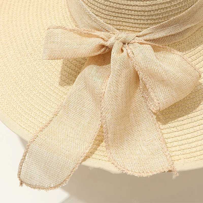 15CM Wide Brim Beach Straw Hats For Women Simple Foldable Summer Outing Sun Hat Fashion Flat Brom Bowknot Uv Protection Panama H260317 - view 7