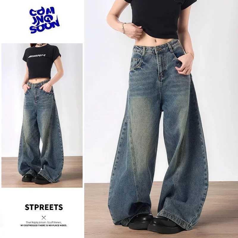Lady Retro Baggy High Waist Jeans Female Comfortable Solid Wide Leg Denim Trousers Women Korean Fashion Casual Pants M260317