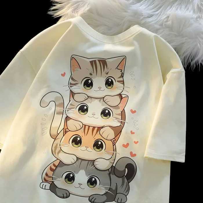 Cute Cartoon Cat Print Womens Round Neck Short Sleeved T-shirt Casual Loose Versatile Summer Tshirt M260317
