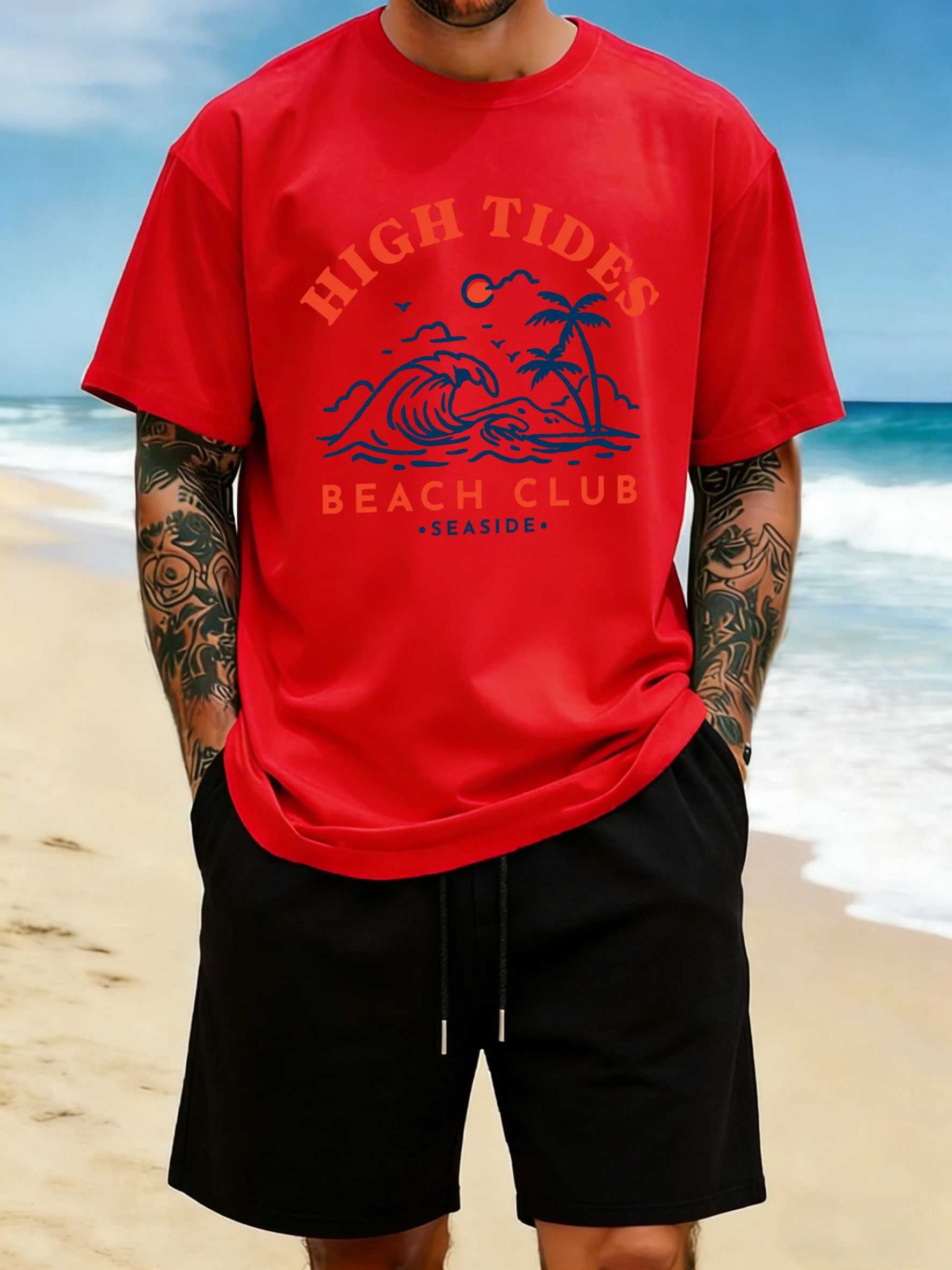 High Tides Beach Club Seaside Prints T-Shirt Men Summer Cotton T Shirts Loose Crewneck Sportswear Comfy Hip Hop Short Sleeve M260317
