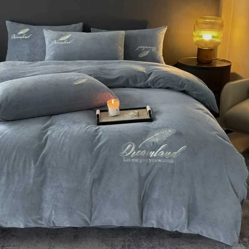 Milk fleece four-piece set towel embroidered quilt cover crystal fleece three-piece set solid color embroidered bedding D260317