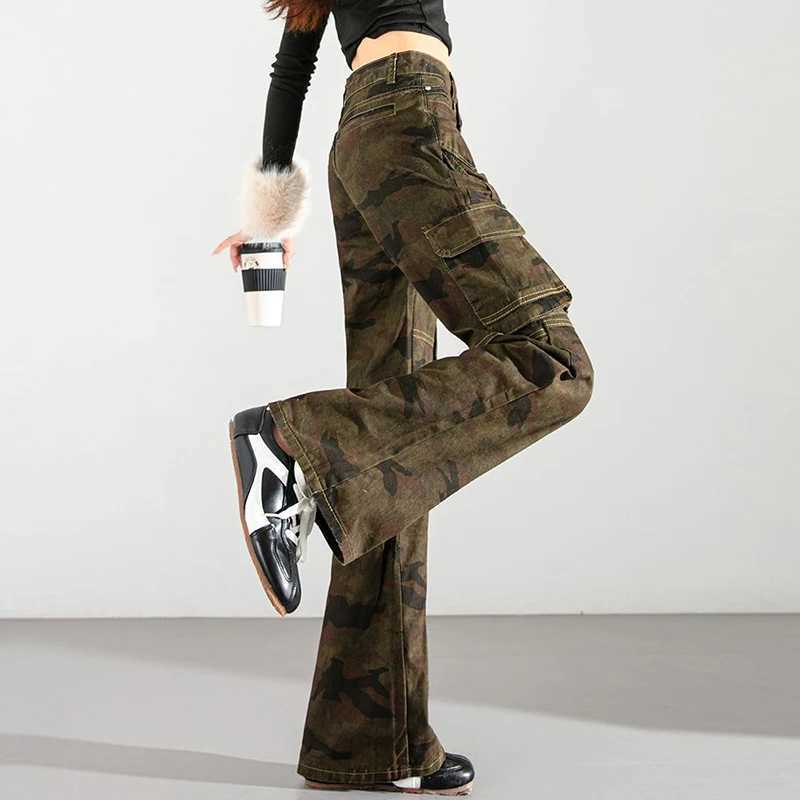 2026 Lady High Waist Camouflage Flared Jeans Hot Sale s Retro Thin Straight Leg Pants Women Fashion Denim Trousers M260317