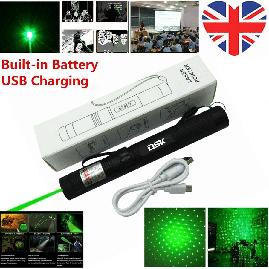 High power 1 milliwatts 532 nanometer laser pen, green laser beam, adjustable focal length function with waterproof function. Equipped with a USB charger.
