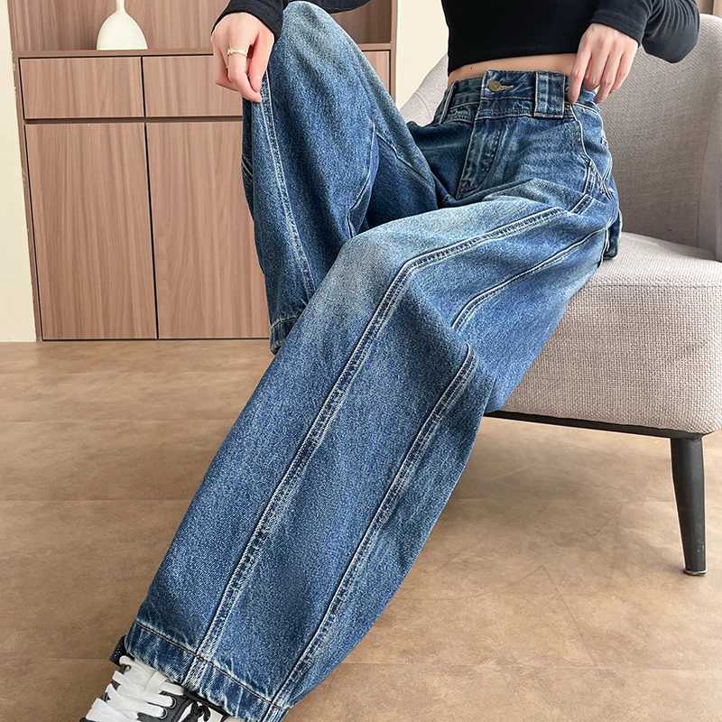 High Waist Loose Wide Leg Jeans Women Y2K Cotton Personalized Design Casual Straight Denim Fashion Tube Loose Plus TrousersT260317