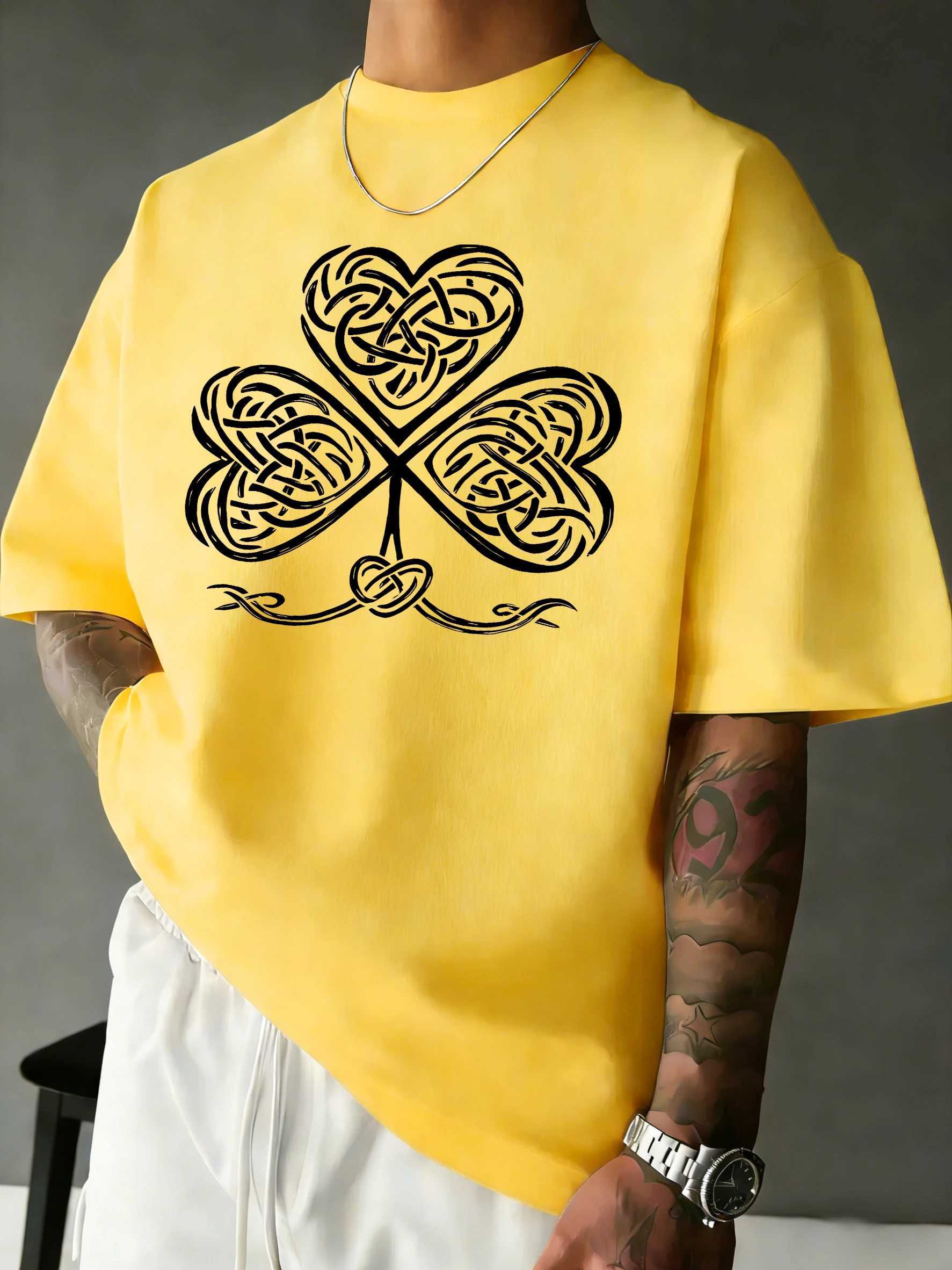 Celtic Knot Clover Goldprints Man Daily Loose T Shirt All-Match Cotton Sportswear Hip Hop Summer T-Shirt Casual Oversize Clothes M260317