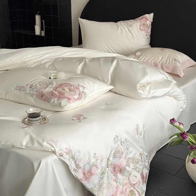 Flowers Embroidery Luxury Bedding Set Egyptian Cotton Single Queen King Size Duvet Cover Flat/Fitted Bed Sheet Pillowcases 3/4Pc D260317