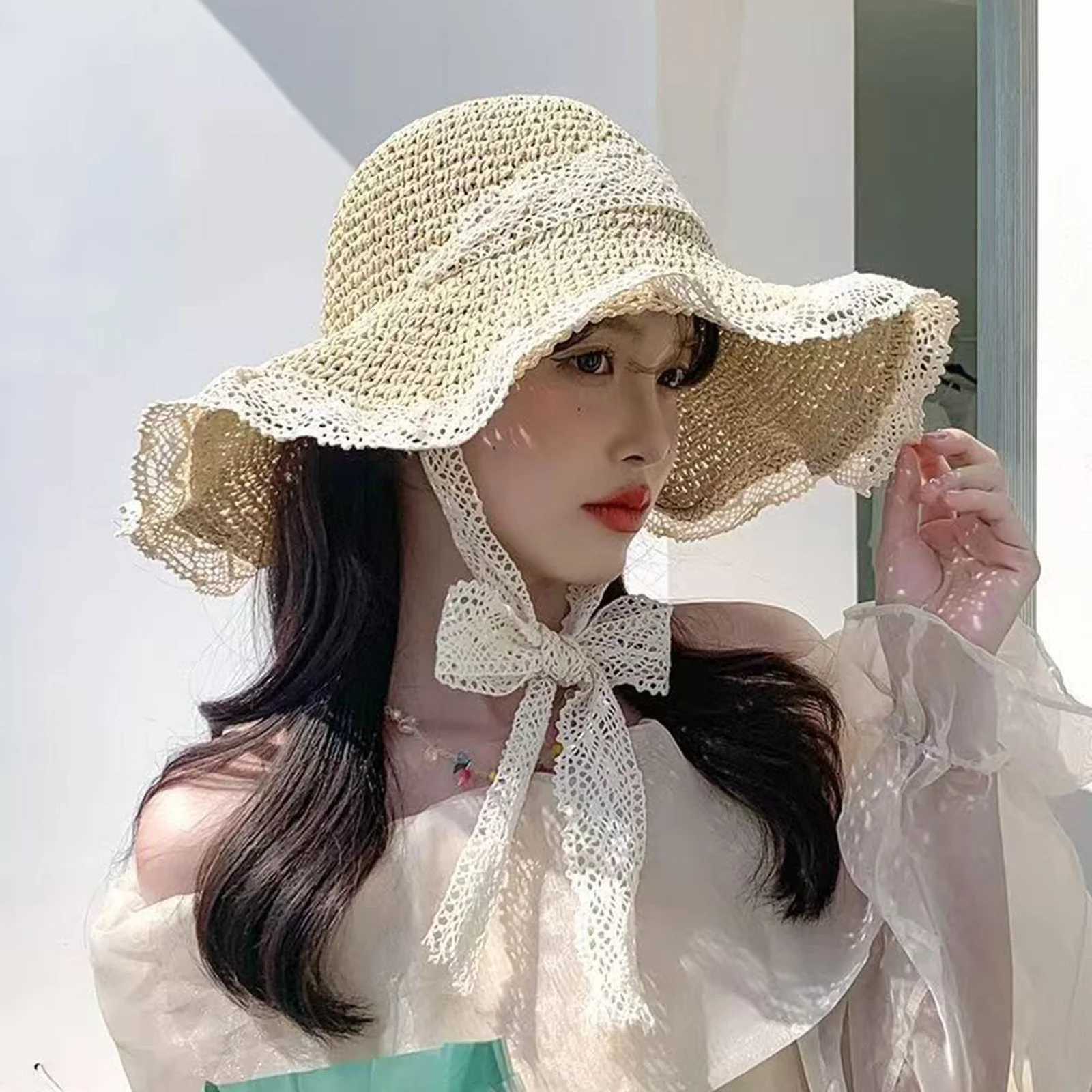 Women Summer Hat Lace Trimmed Tie-up Openwork Straw Hat Wide Brim For Sun Protections Beach Fashion Foldable Summer Accessory H260317 - view 5