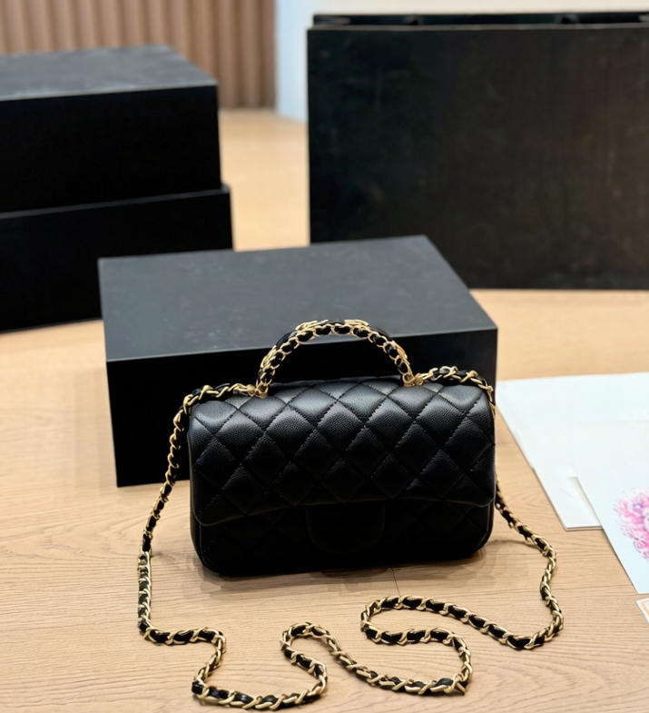 Quilted Leather Top Handle Bag Classic Flap with Chain Strap