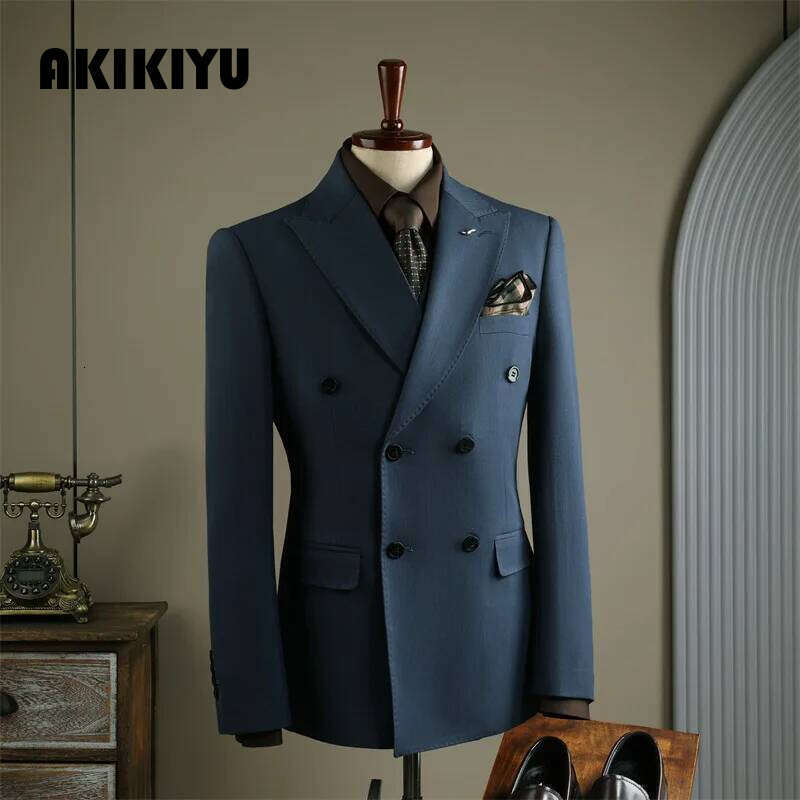 High Quality Mens Formal Business Slim Fit Double-Breasted Striped Suit Set Groom Wedding Dress Party Tuxedo Men's Clothing AKIKIYU