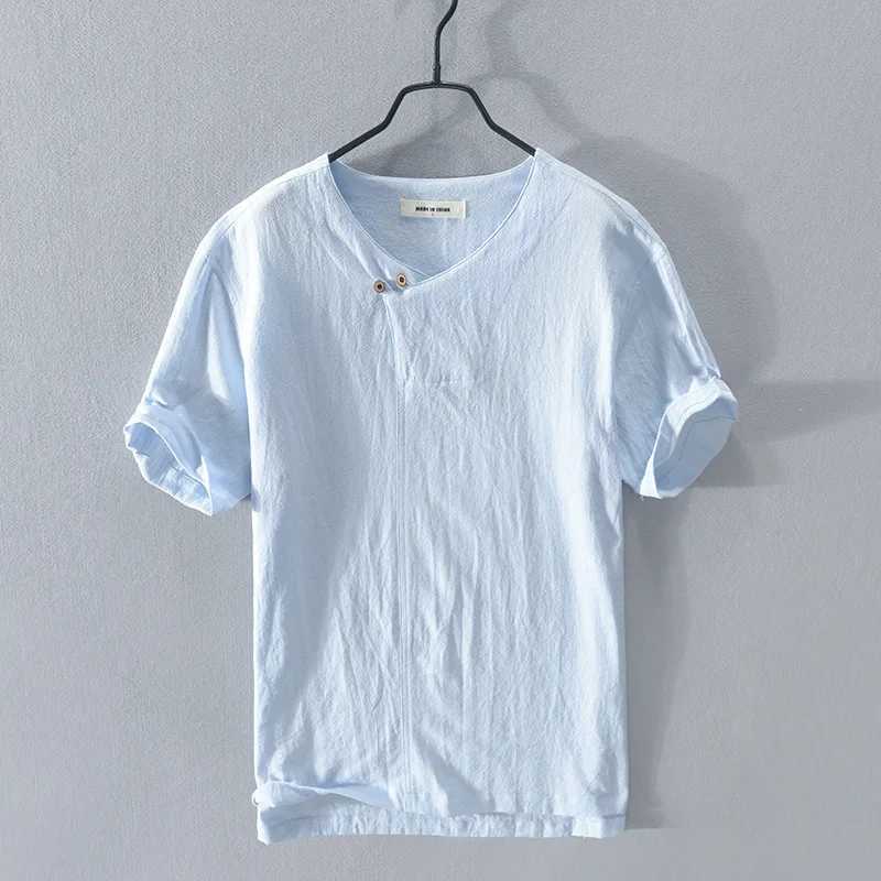 Loose Oversized Cotton Linen Short-sleeved Mens T-shirt Collar Buckled Half-open Shirt Korean Fashion Men Clothing 2020 New M260317