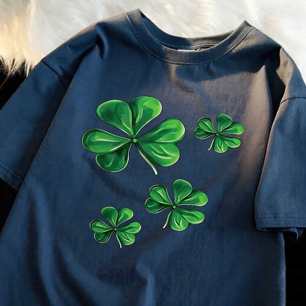 Green Four Leaf Clovers Pattern Man Loose Tee Shirts Casual Cotton T-Shirt Breathable All-Match Top Oversized Basics Sportswear M260317