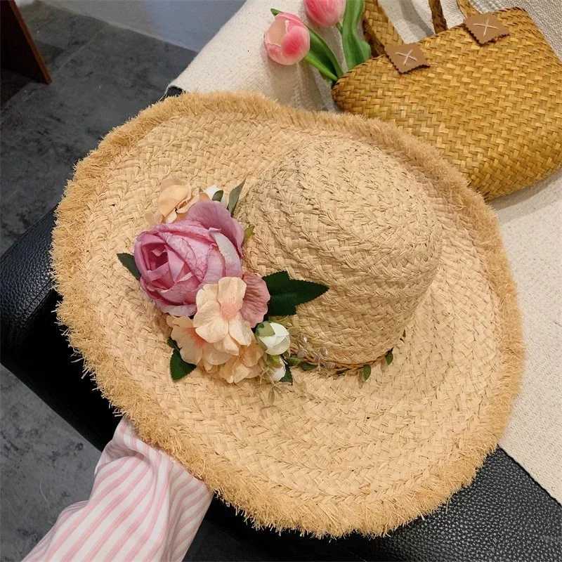 Flower rose decoration raffia straw hat for women summer large brim sun hat seaside atmosphere elegant wedding hat H260317 - view 4