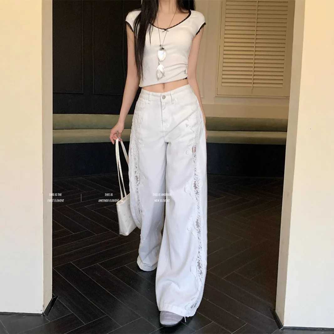High Waist Wide Leg Jeans Womens Faion Lace Patchwork Straight Cut Denim Pants Retro Sle Four Seasons Pure ColorT260317