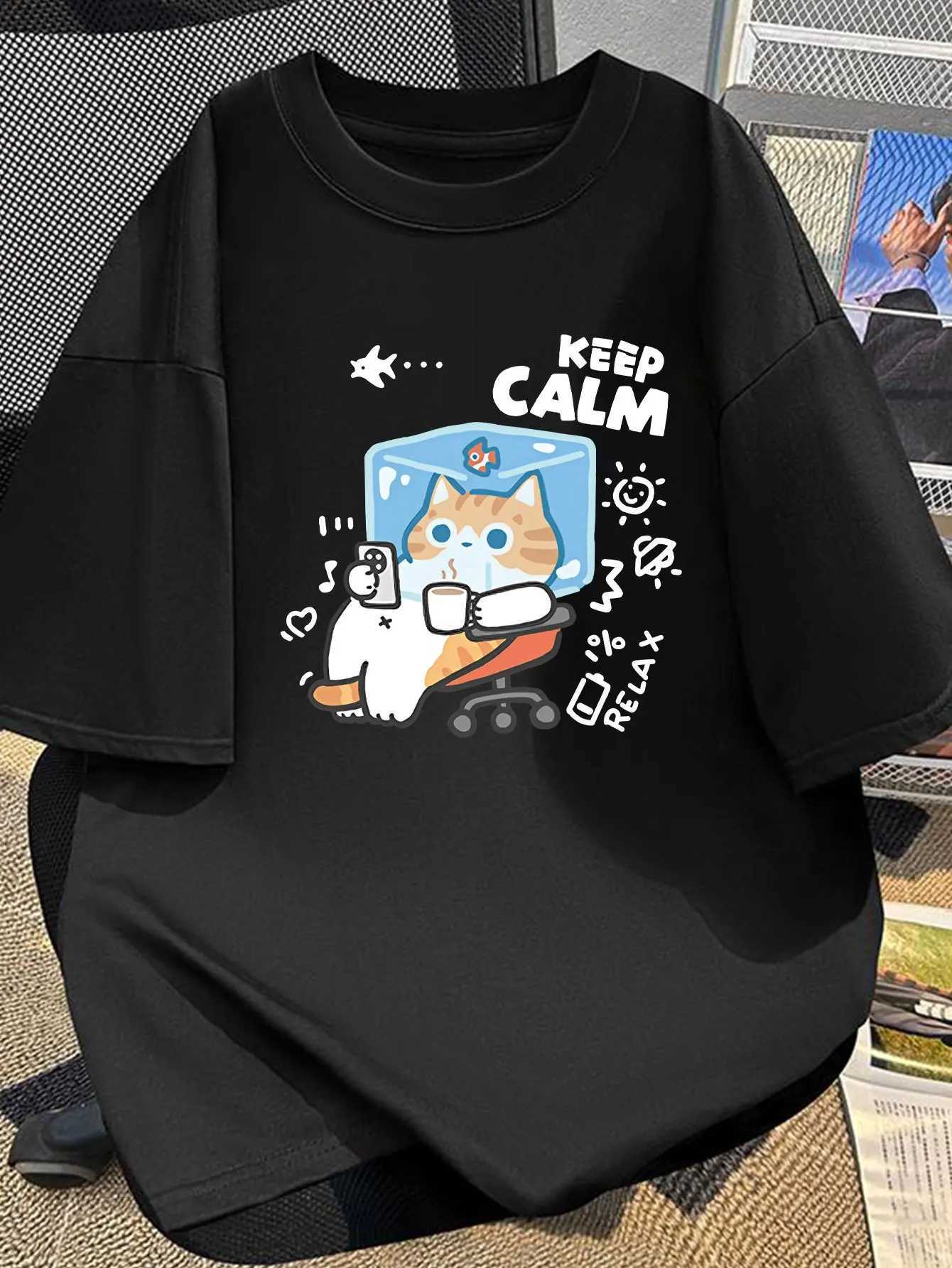 The New Summer Short-sleeved T-shirt for Men Features A Cartoon Cat Pattern and Made 100 Cotton A Loose Fit Trendy Fashionable M260317