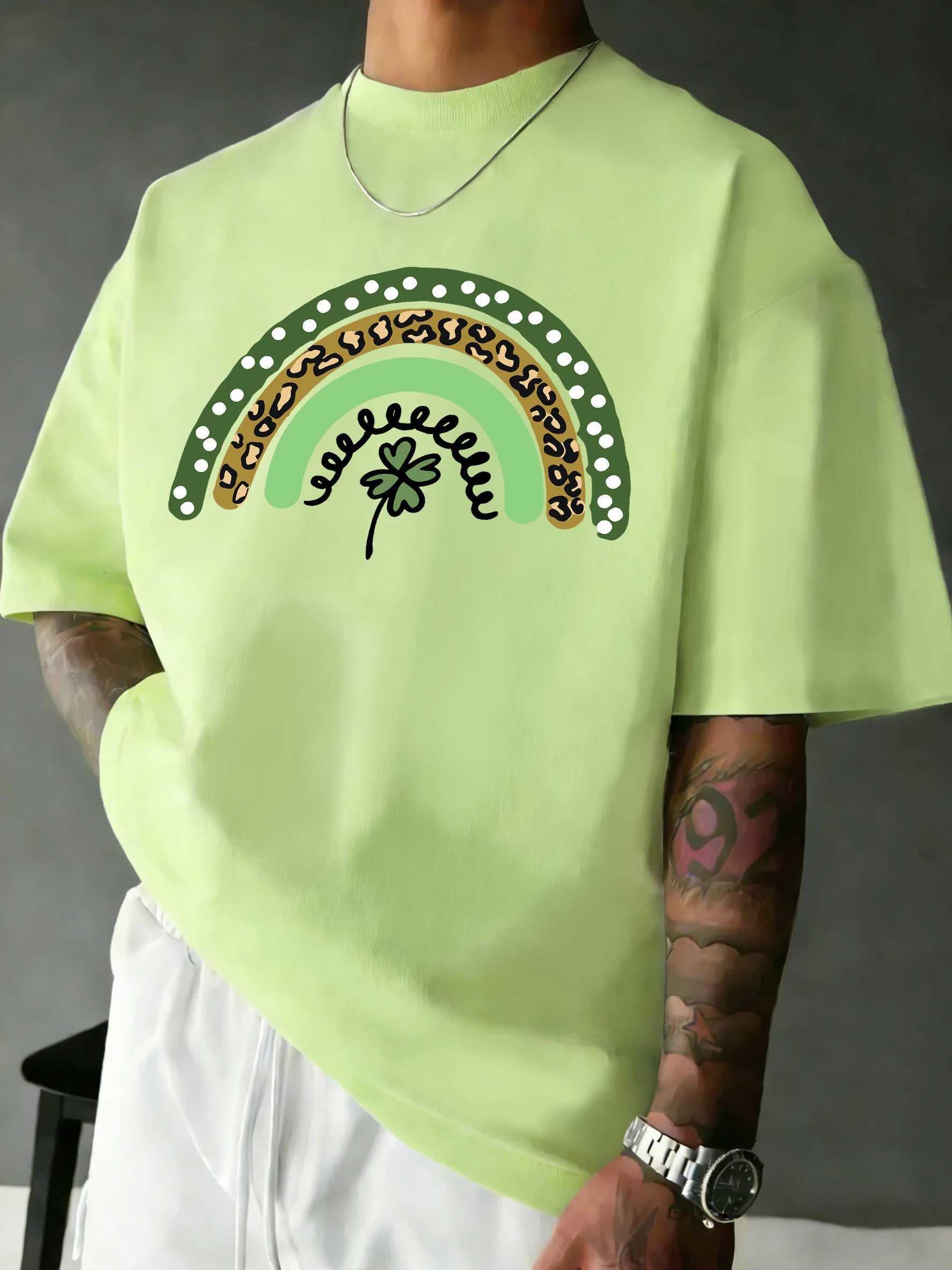 Rainbow Clover Greenprints Man Comfy Daily T Shirts Hip Hop Summer Beach T-Shirt Casual Oversize Clothes All-Match Cotton Tops M260317