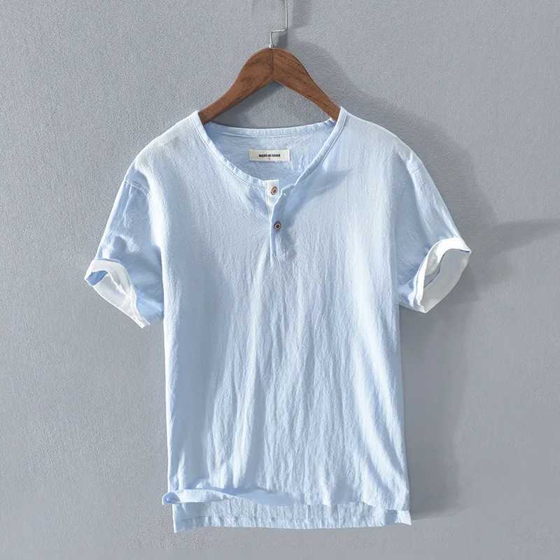Loose Oversized Cotton Linen Short-sleeved Mens T-shirt Collar Buckled Half-open Shirt Korean Fashion Men Clothing 2020 New M260317