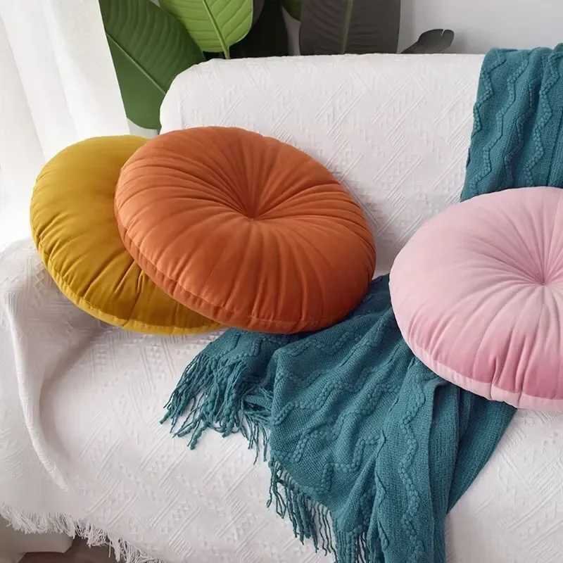 Nordic Pumpkin Throw Pillow Soft Velvet Double Sided Embroidered Button Pillow Circular Tatami Sofa Chair Seat Cushion Luxury D260317